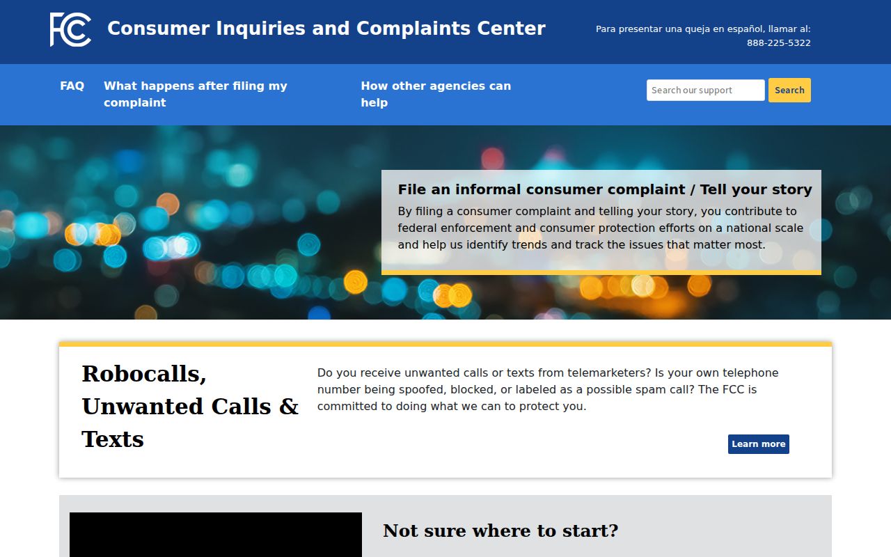 North Carolina phone directory route to the FCC Consumer Complaint Center phone category