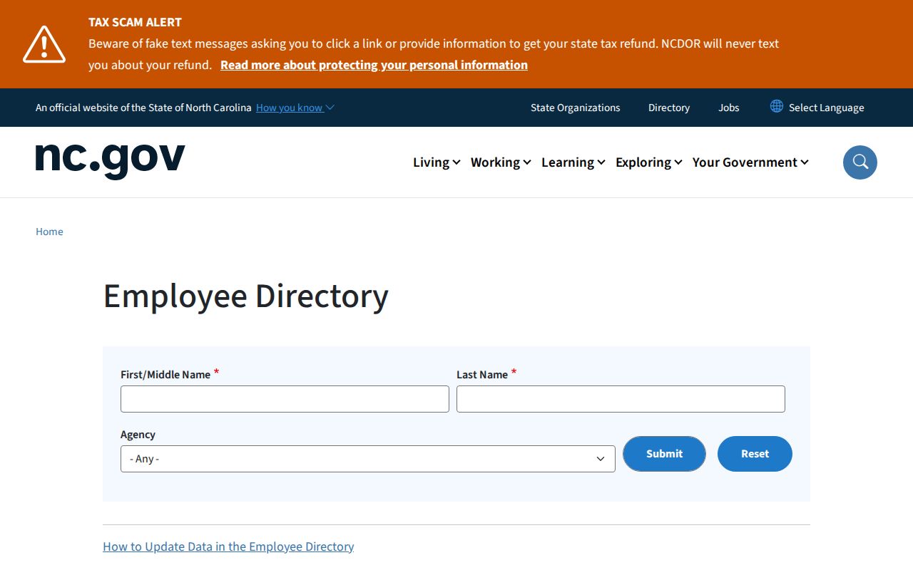 North Carolina phone directory search form for the state employee directory