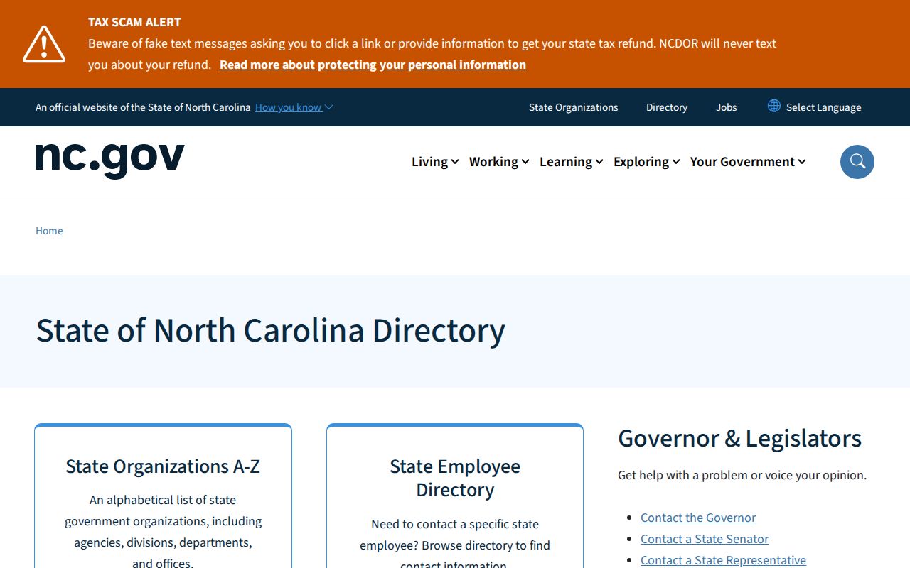 North Carolina phone directory listing of state organizations and hotline numbers