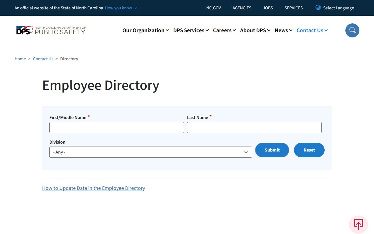 North Carolina phone directory filters on the Department of Public Safety employee search