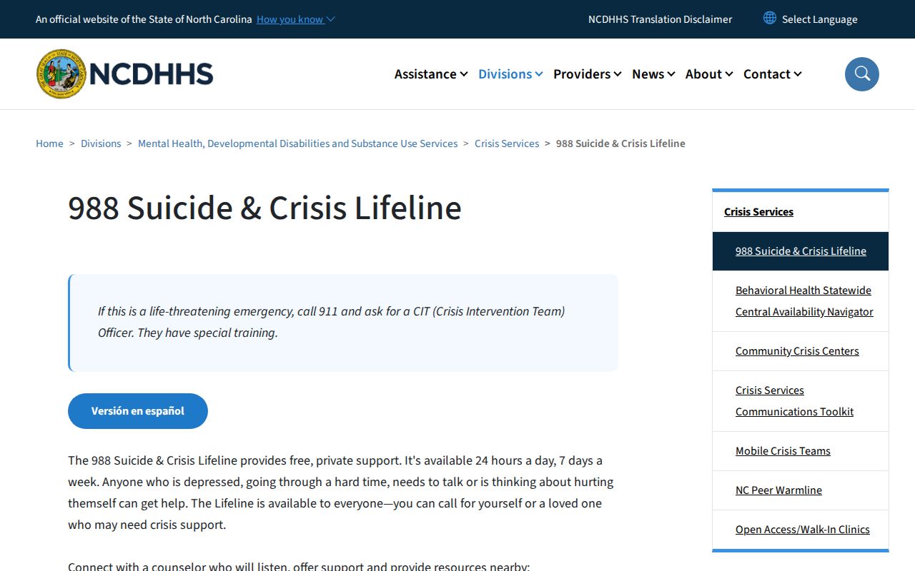 North Carolina phone directory page showing 988 crisis line routing options