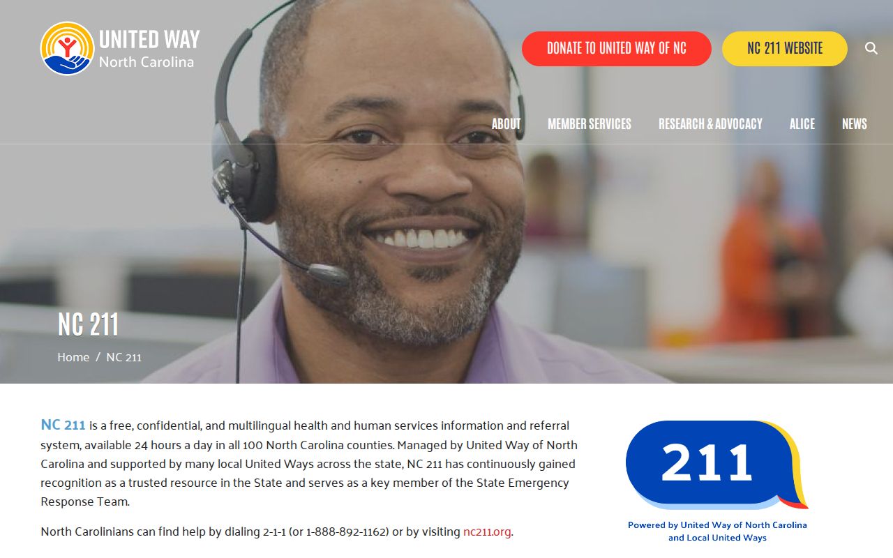North Carolina phone directory listing for the NC 211 statewide help line
