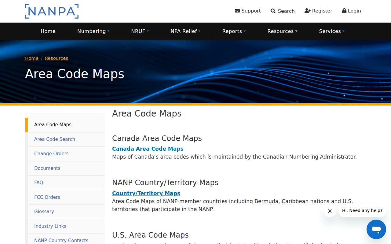 North Carolina phone area code map selector on the NANPA site