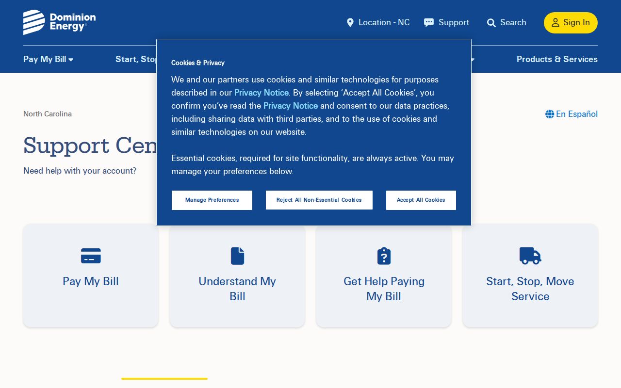 North Carolina phone codes and utility emergency numbers on the Dominion Energy support page