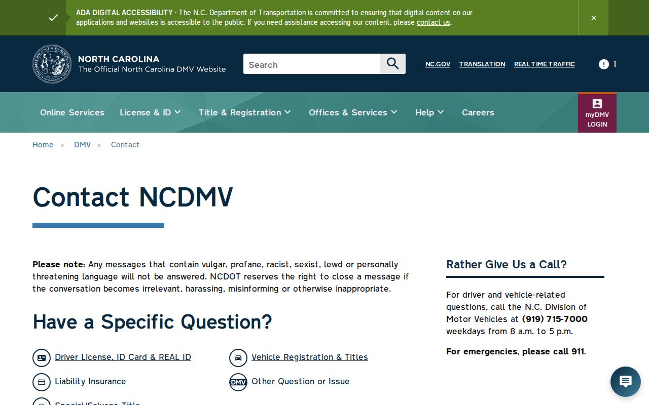 North Carolina phone codes and contact hours on the NCDMV contact page