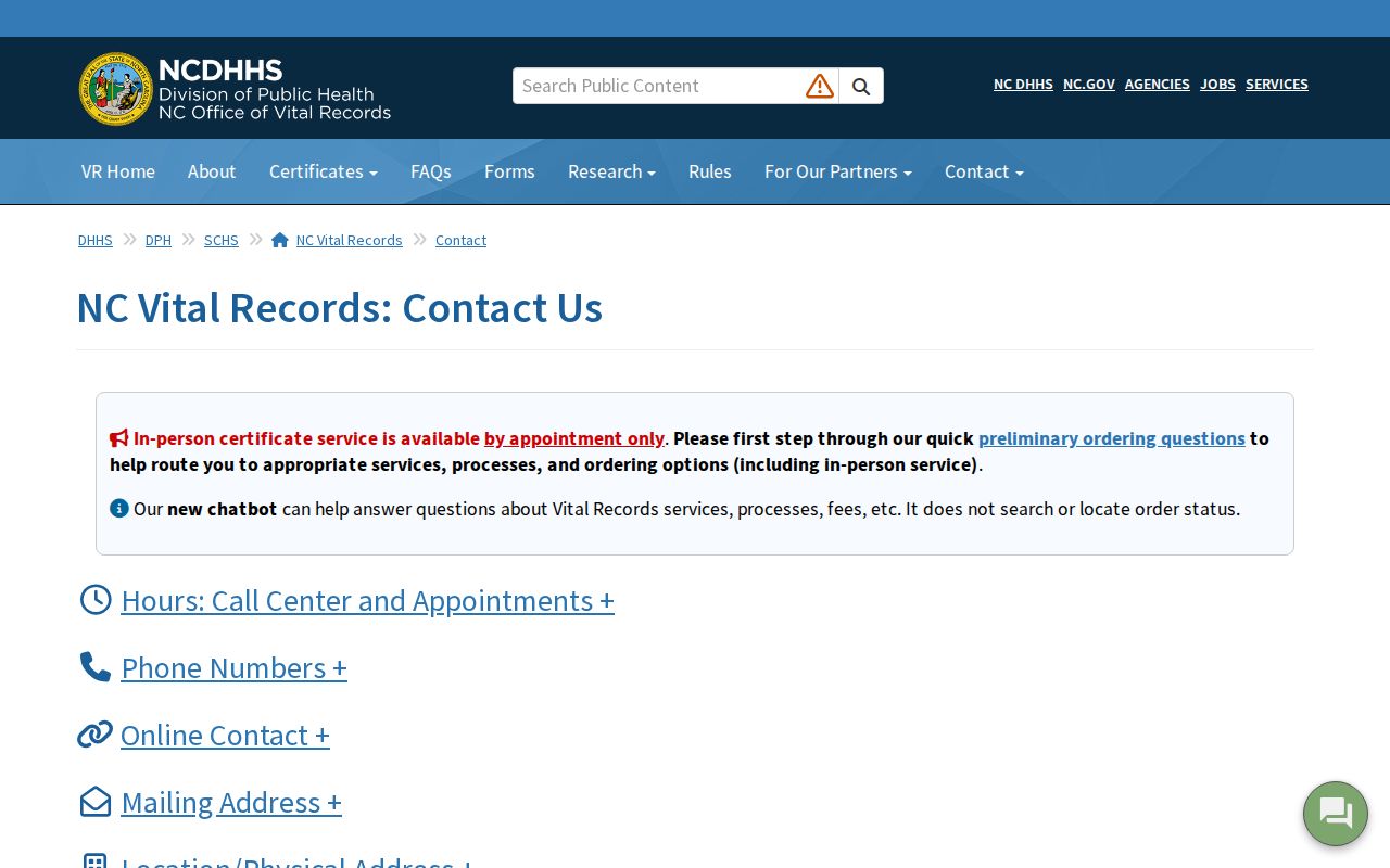 North Carolina phone codes and menu options on the state Vital Records contact page