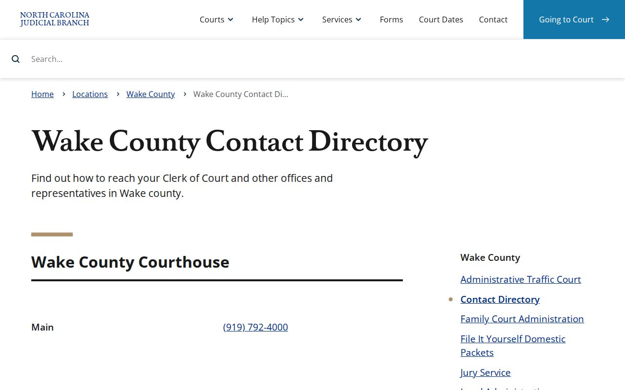 North Carolina phone numbers for Wake County courthouse offices