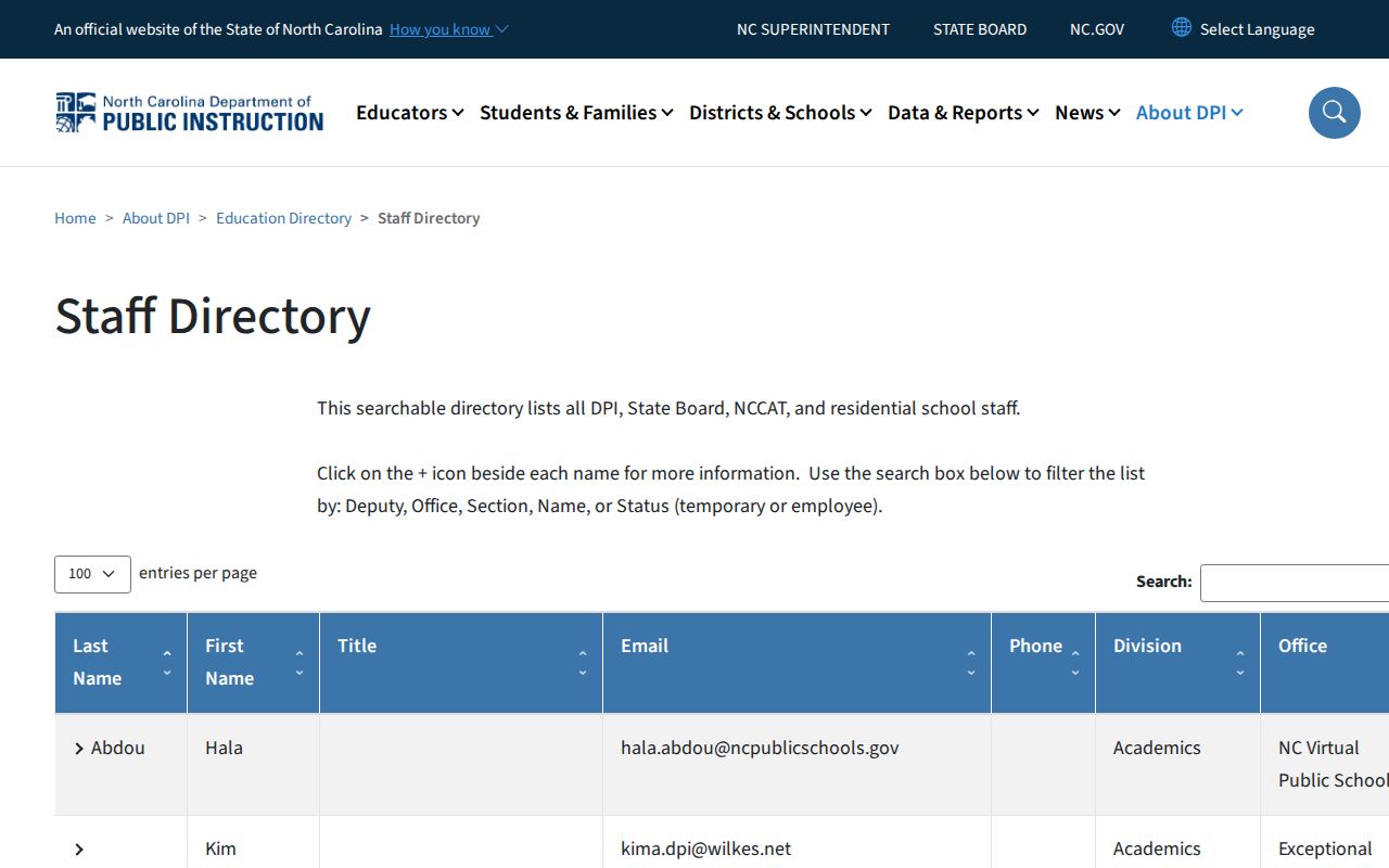 North Carolina phone numbers listed in the state education department staff directory