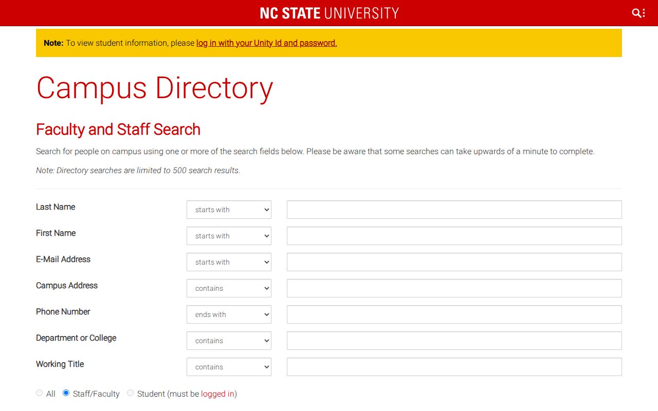 North Carolina phone numbers search form on the NC State campus directory