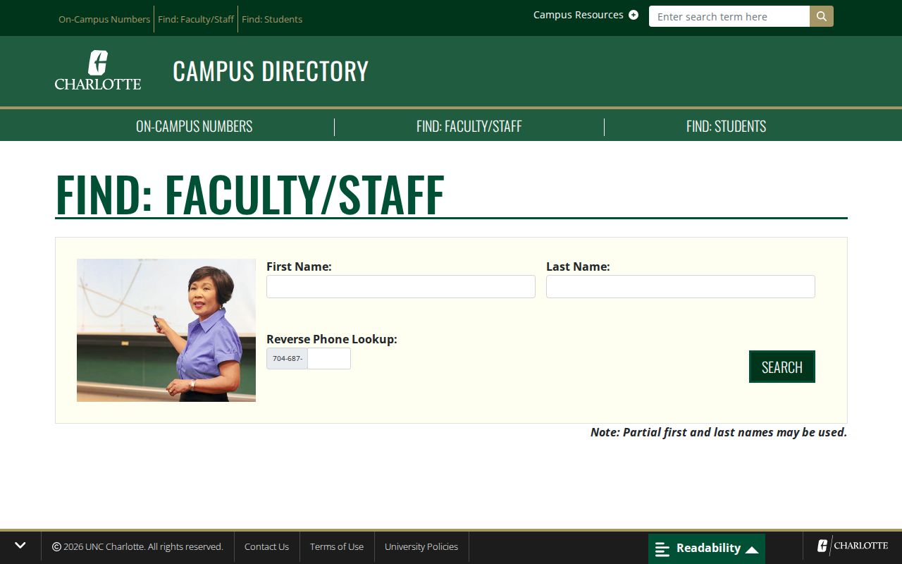 North Carolina phone numbers reverse lookup field on the UNC Charlotte staff directory